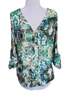 Zara Jewel Green Kaleidoscope Abstract Long Sleeve Blouse Size XS Boho Career